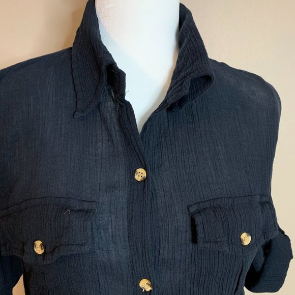 Button Down Top with Tortoiseshell Look Buttons Adjustable Rolled Sleeve Size S - Picture 3 of 6